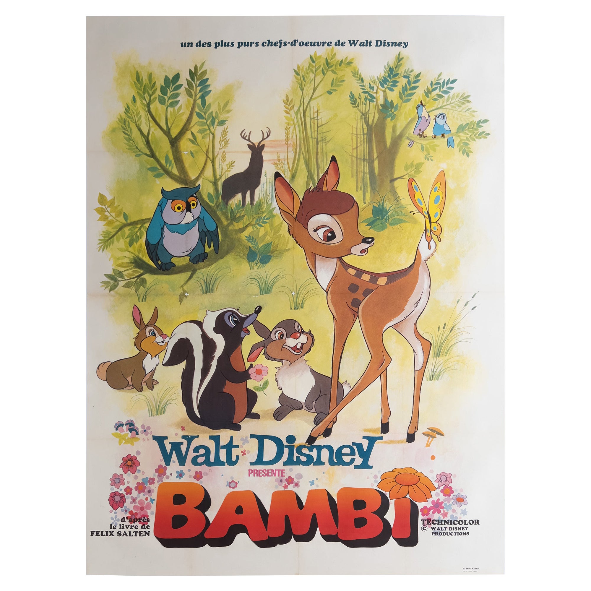 Affiche française du grand film Bambi des années 1960, Disney
