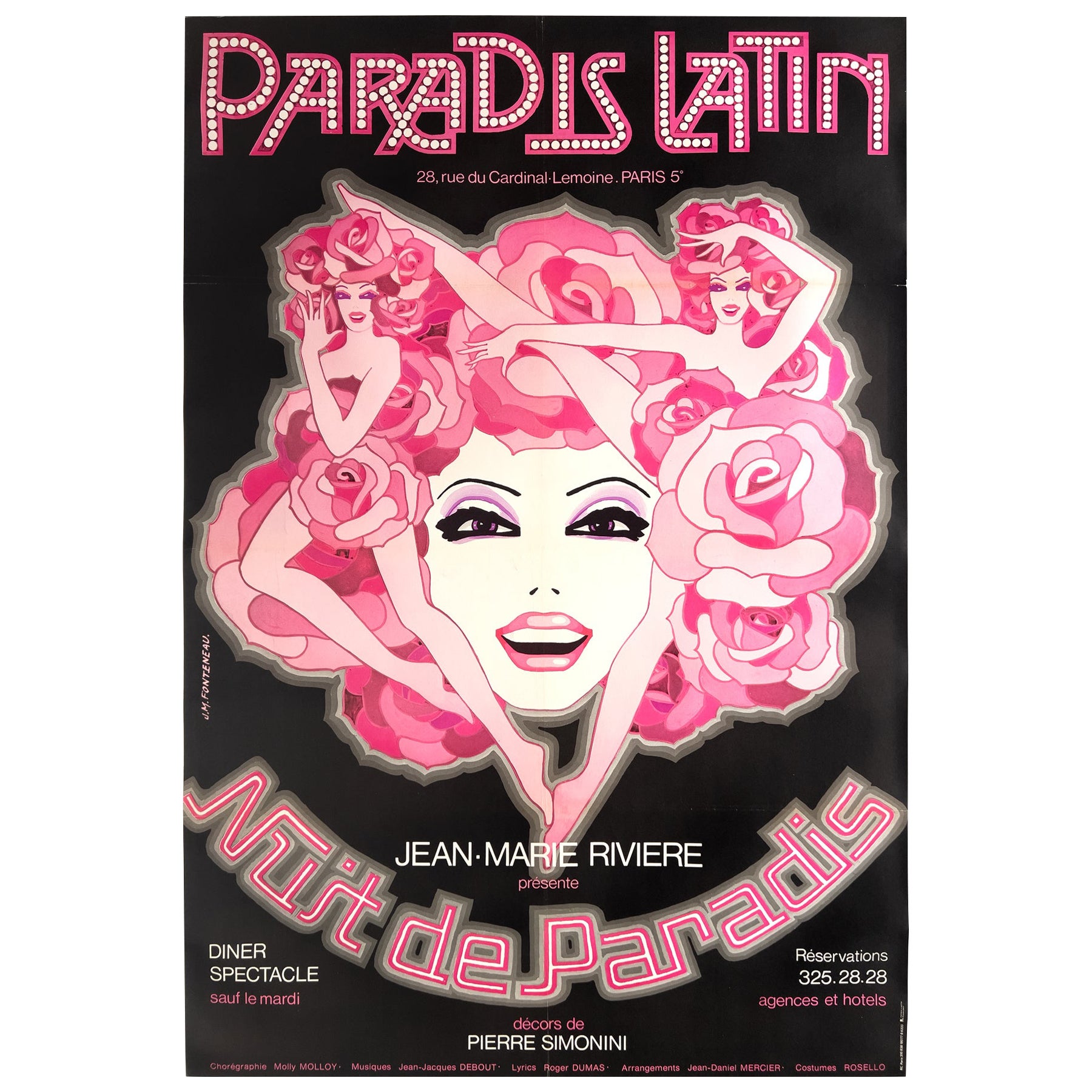 Paradis Latein Nuit de Paradis 70er Jahre Französisches Kabarett Werbeplakat, Fonteneau