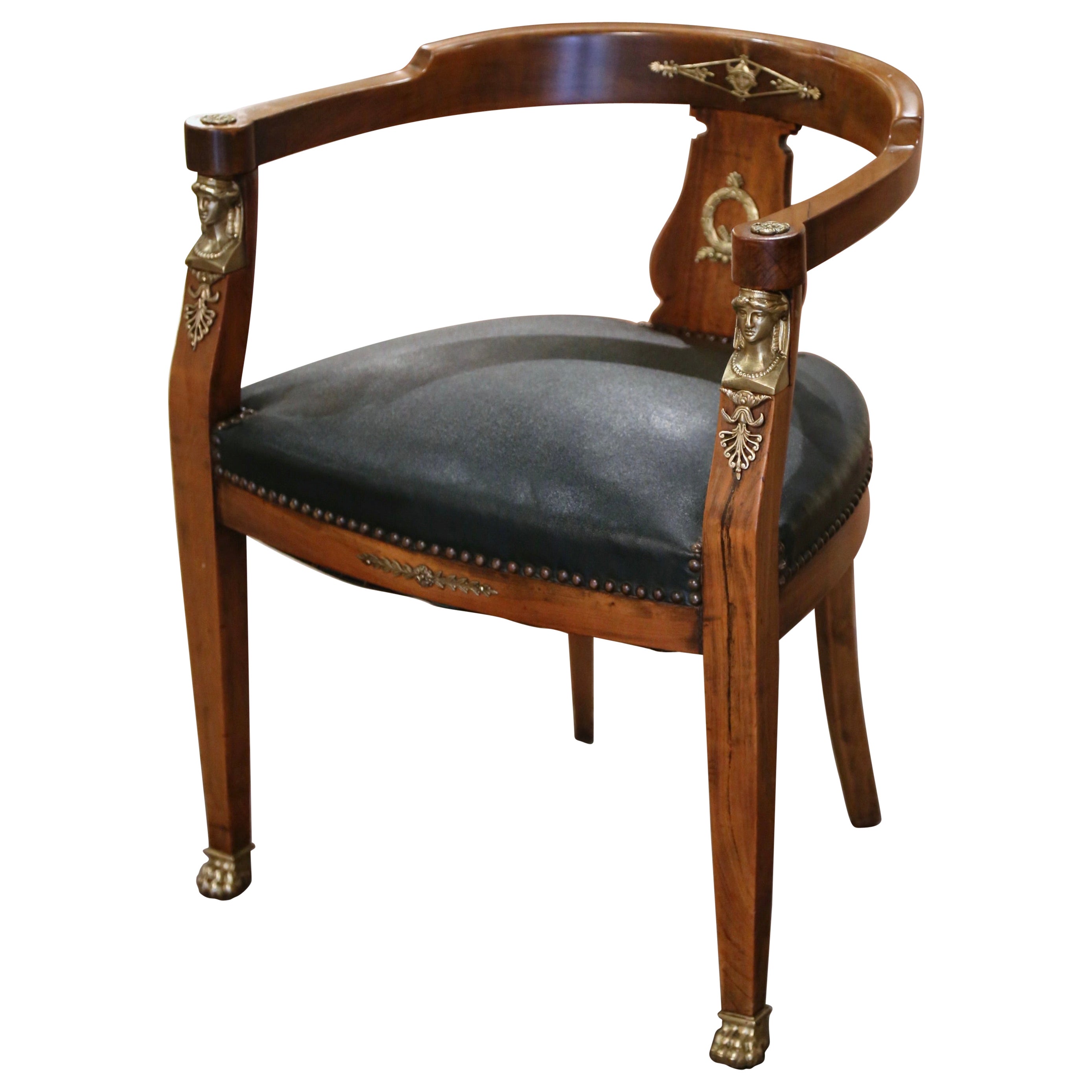 19th Century French Empire Cherry Wood Desk Barrel Armchair with Gilt Mounts For Sale