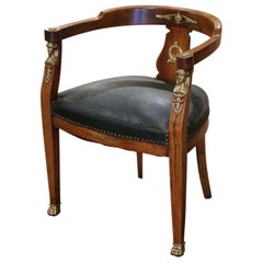 19th Century French Empire Cherry Wood Desk Barrel Armchair with Gilt Mounts