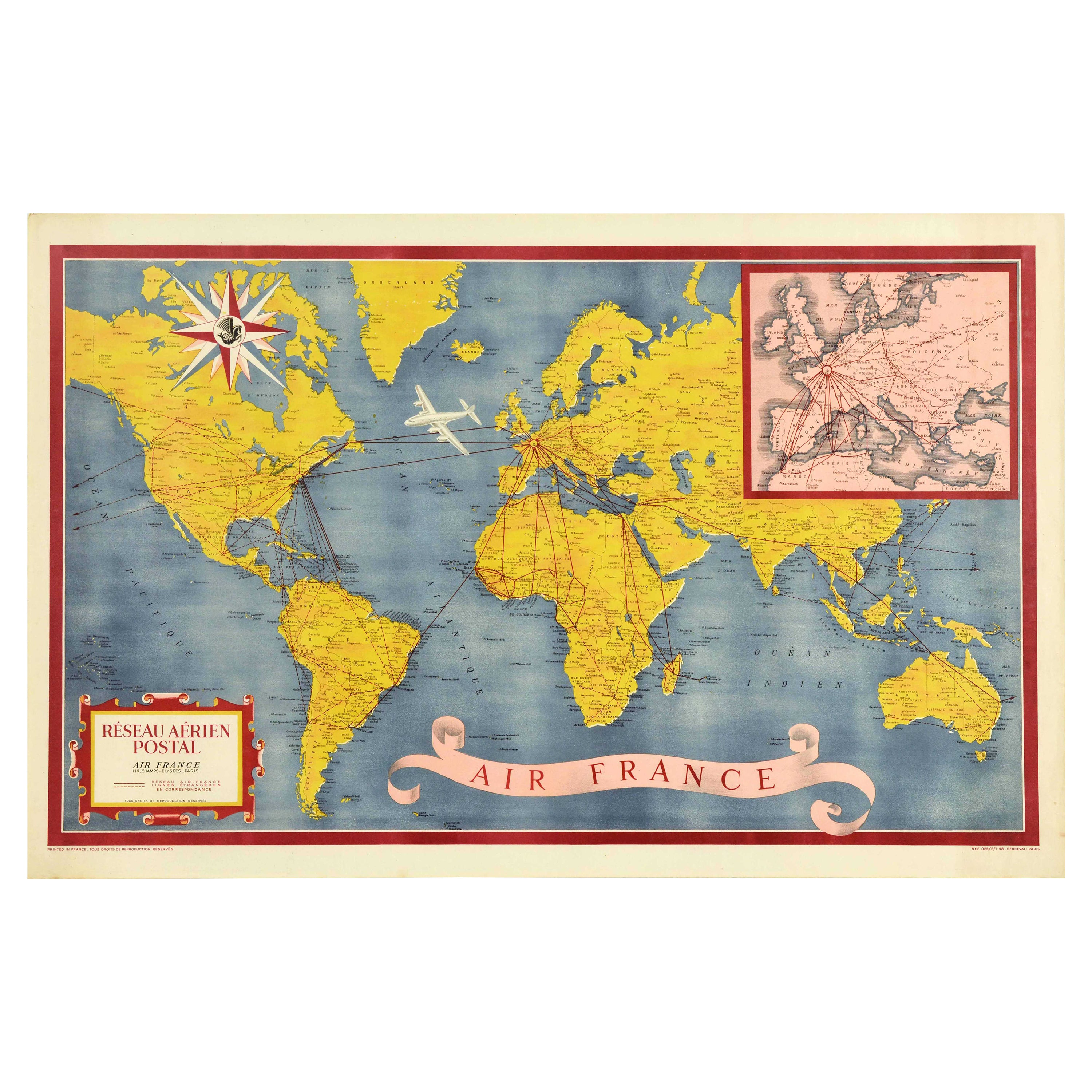 Original-Vintage-Reiseplakat Air France World Map, Postal Network Reseau Aerian, Reseau Aerian