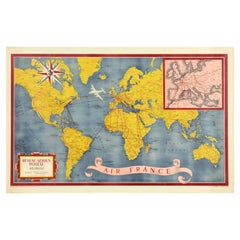 Original Vintage Travel Poster Air France World Map Postal Network Reseau Aerian