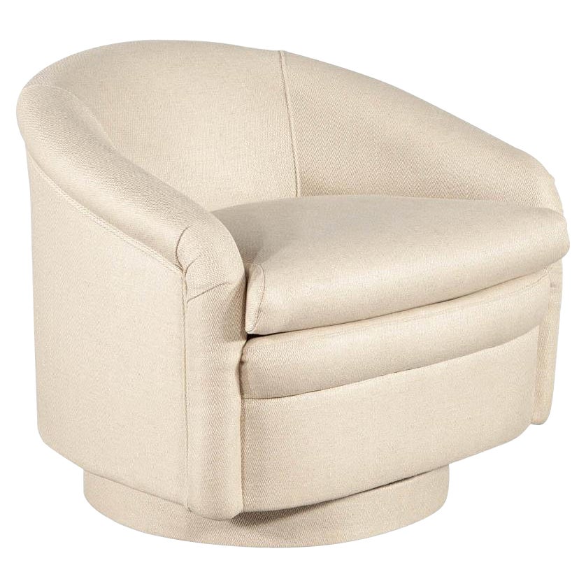 Mid-Century Modern Fully Upholstered Swivel Lounge Chair in Cream Linen For Sale