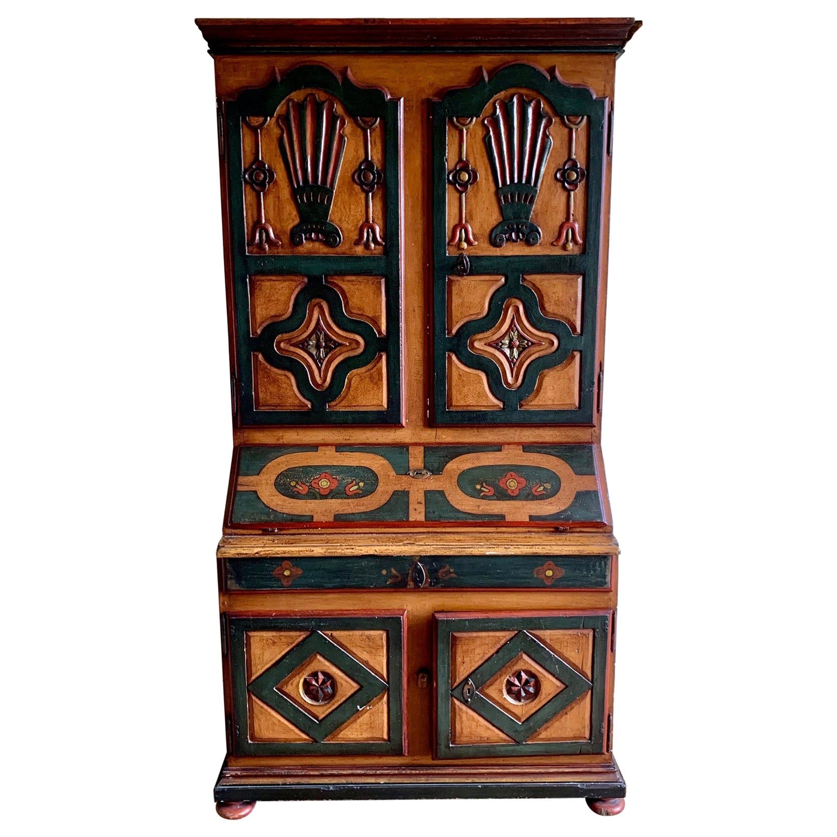 19th Century Spanish Aragonese Bookcase Cupboard, Carved Polychrome Pine Wood For Sale