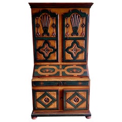 19th Century Spanish Aragonese Bookcase Cupboard, Carved Polychrome Pine Wood