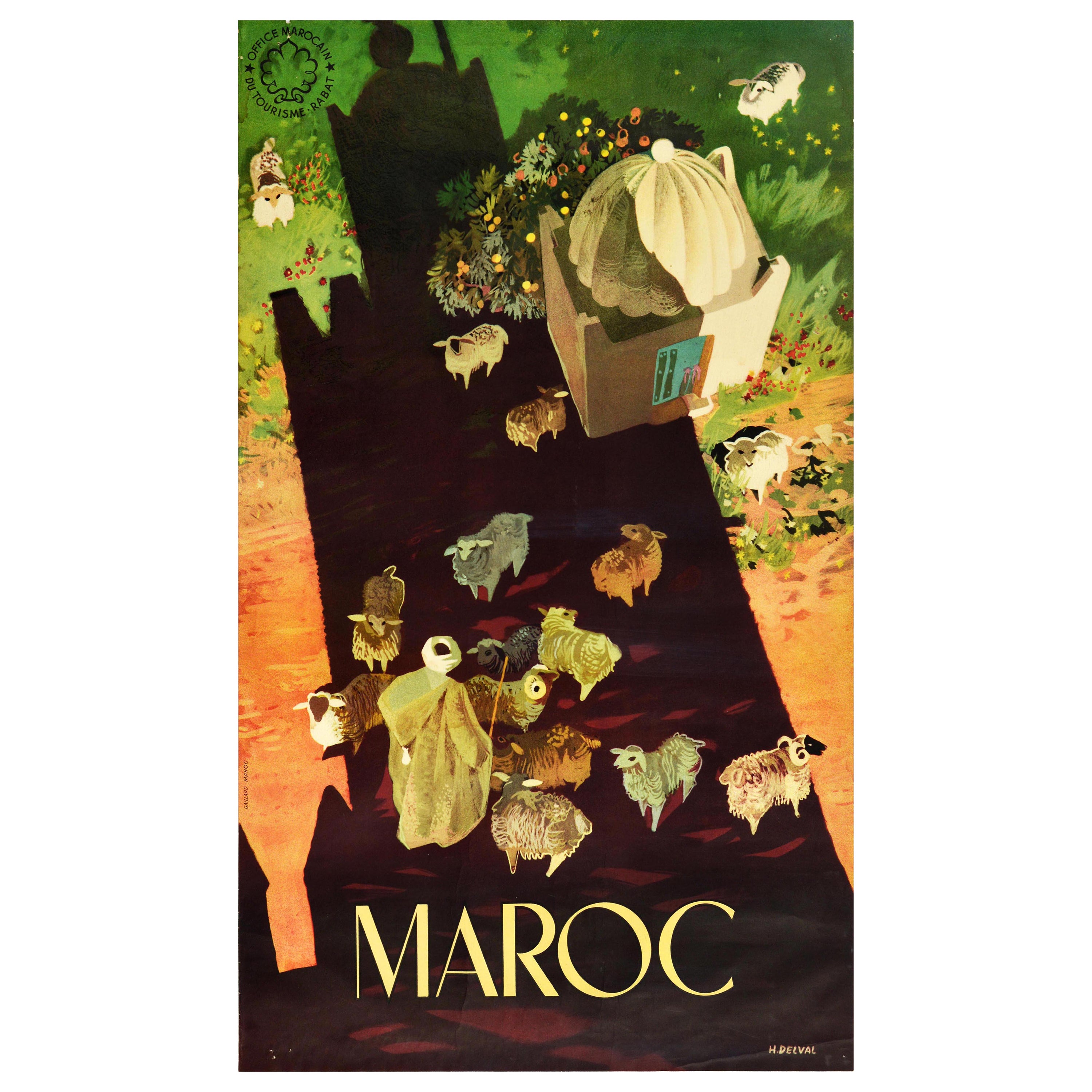 Affiche de voyage vintage d'origine marocaine, moutons bergers du Maroc, design Rabat en vente