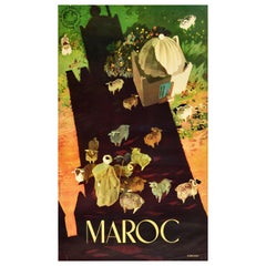 Affiche de voyage vintage d'origine marocaine, moutons bergers du Maroc, design Rabat