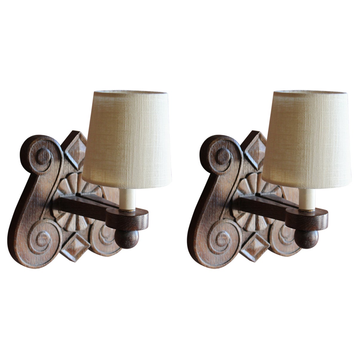 Pair of Oak Sconces in the Manner of Charles Dudouyt, France, 1940s