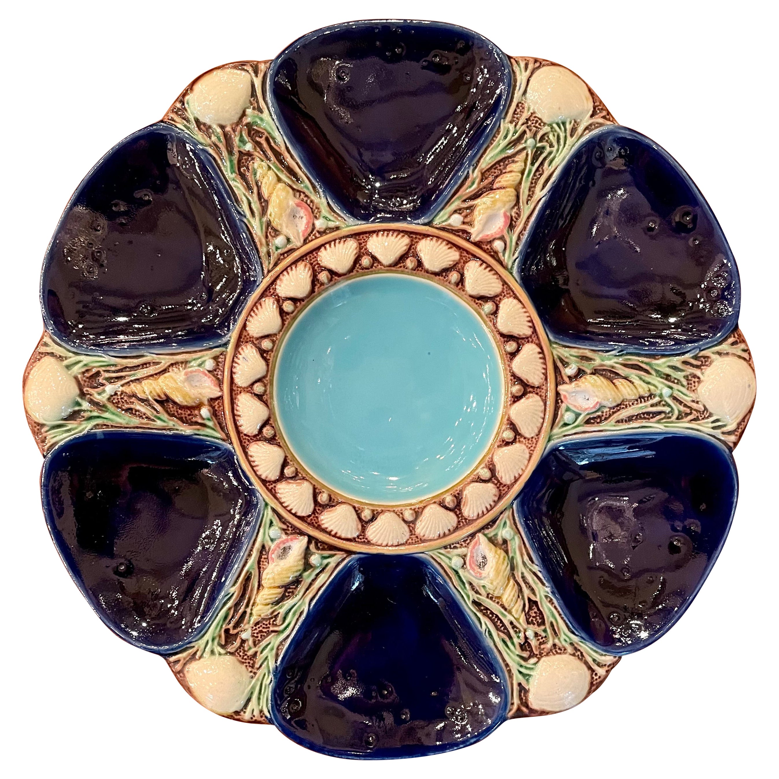 Antique English "Minton Co." Majolica Porcelain Cobalt Blue Oyster Plate Ca 1880