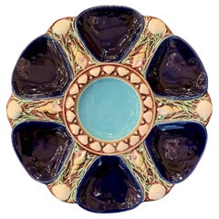 Antique English "Minton Co." Majolica Porcelain Cobalt Blue Oyster Plate Ca 1880