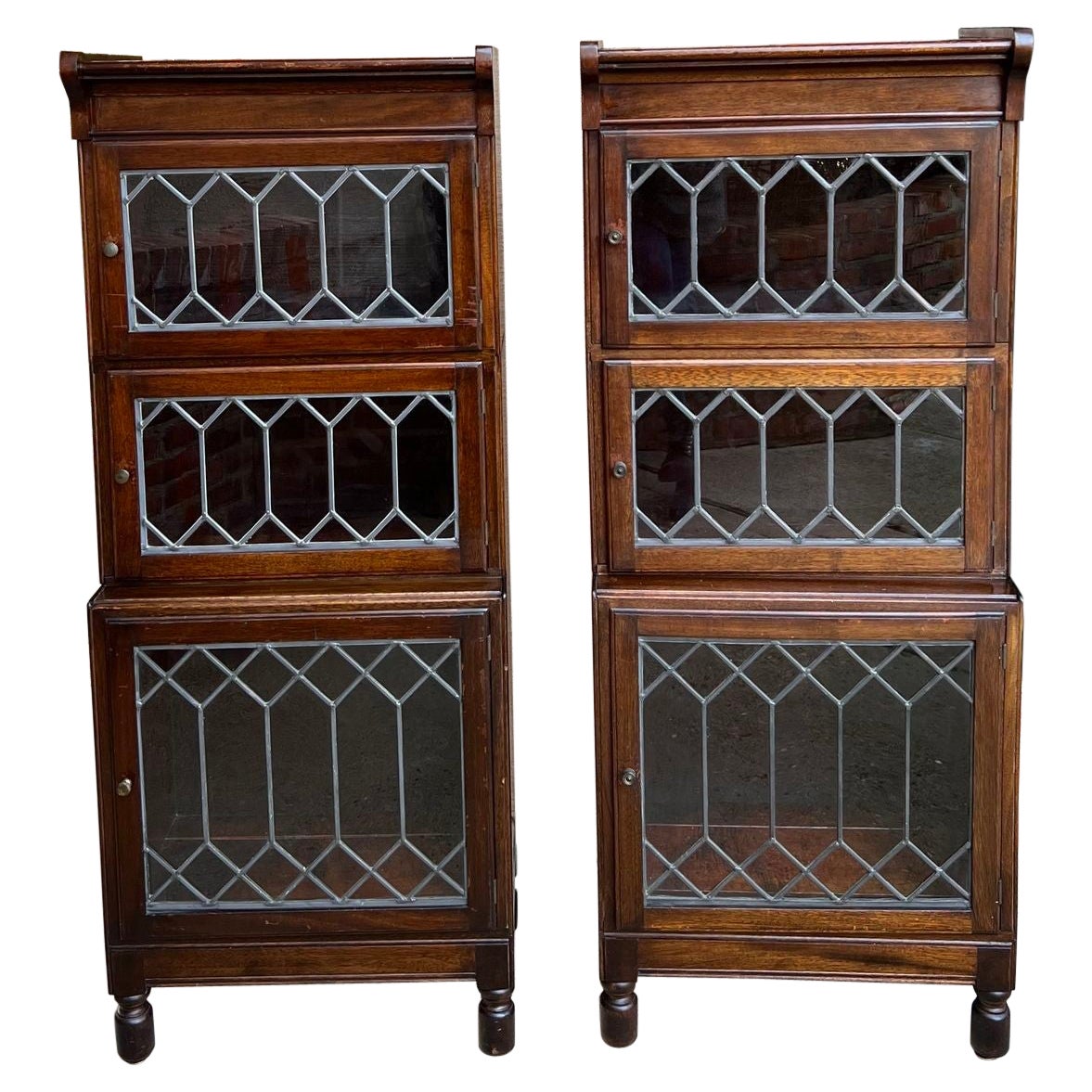 Pair Antique Petite English Lawyer Barrister Bookcase Leaded Glass Mahogany