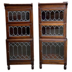 Pair Used Petite English Lawyer Barrister Bookcase Leaded Glass Mahogany