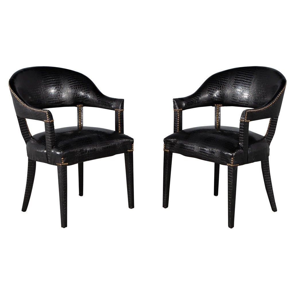 Pair of Executive Arm Chairs Fully Upholstered in Faux Croc Leather