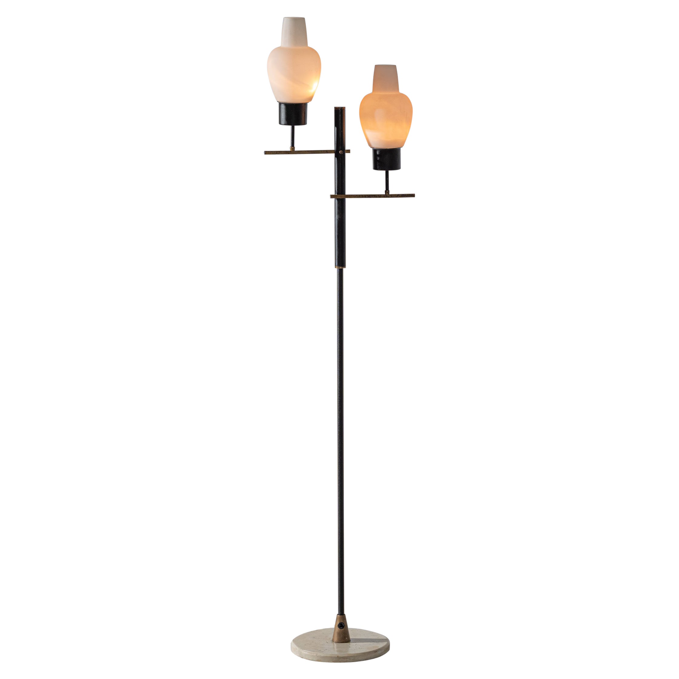 Floor Lamp, Italian Designer, Black Steel, Opaline Glasses, Brass , 1950s For Sale