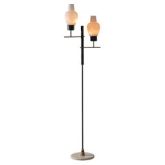Floor Lamp, Italian Designer, Black Steel, Opaline Glasses, Brass , 1950s