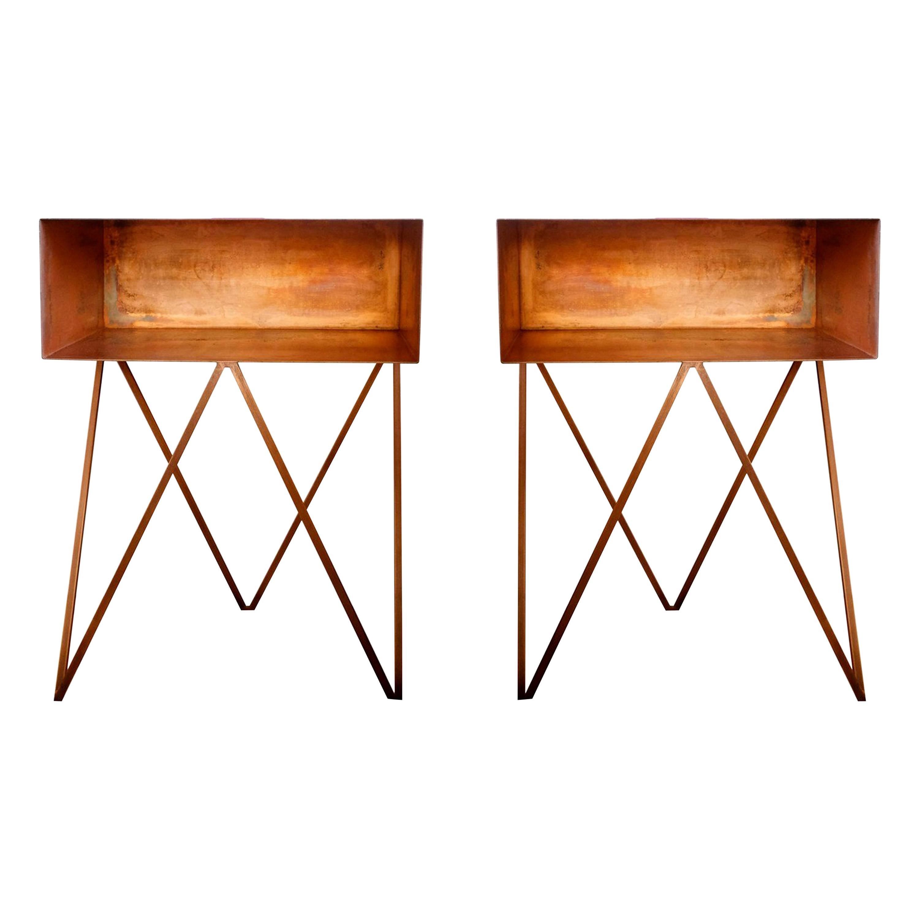 Pair of Luxury Oxidised Copper Robot Side Tables, End Tables, Nightstands