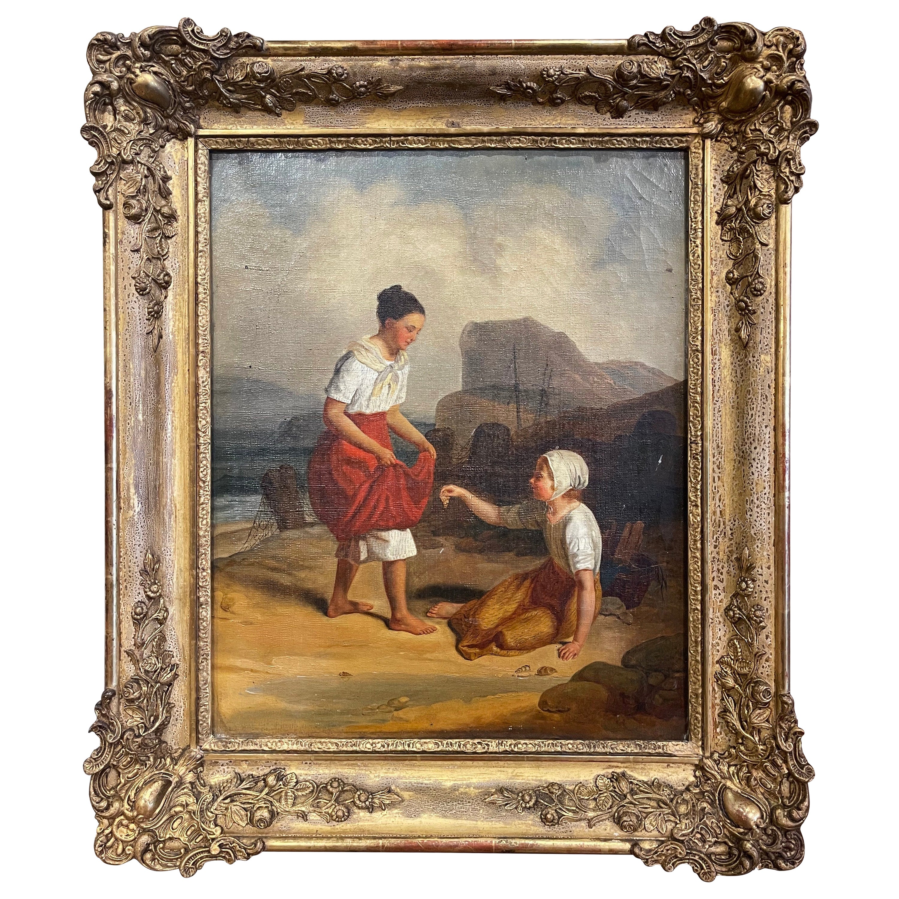 Frühes 19. Jahrhundert Französisch Öl auf Leinwand Strand Gemälde in geschnitzten vergoldeten Rahmen im Angebot