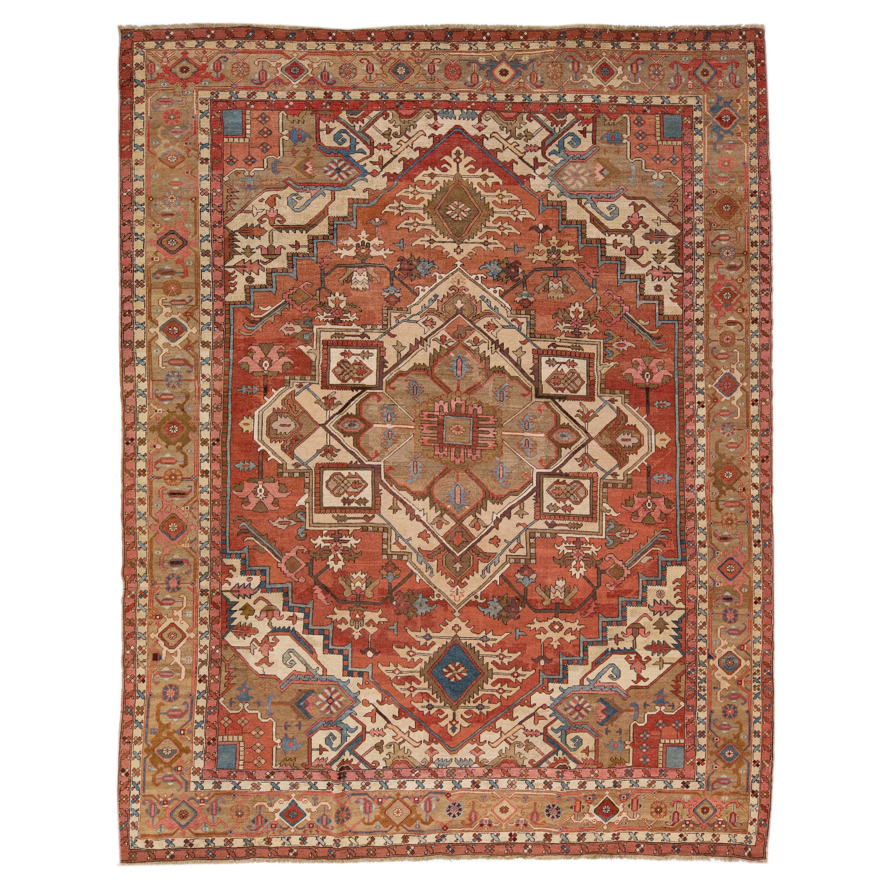 Rust 19th Century Antique Persian Serapi Wool Rug with Medallion Design For Sale