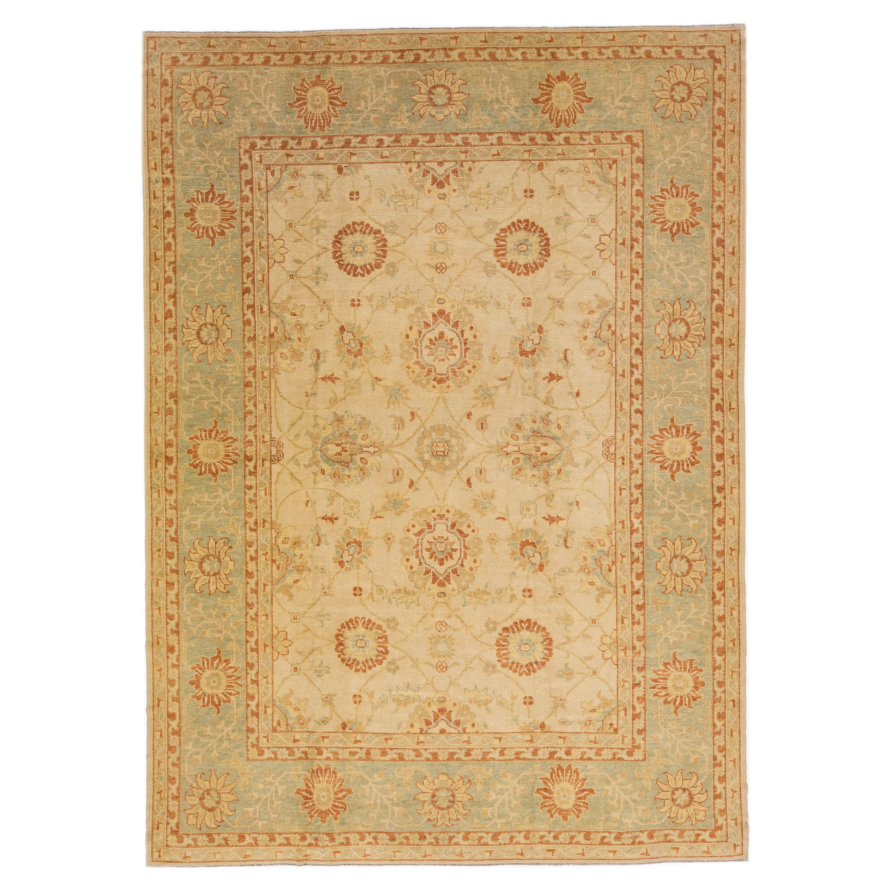 Handmade Modern Turkish Wool Rug with Tan Floral Field For Sale