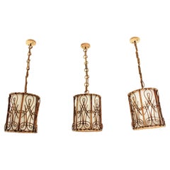 Vintage Set of Three Rattan Cylinder Pendant Lights / Lanterns