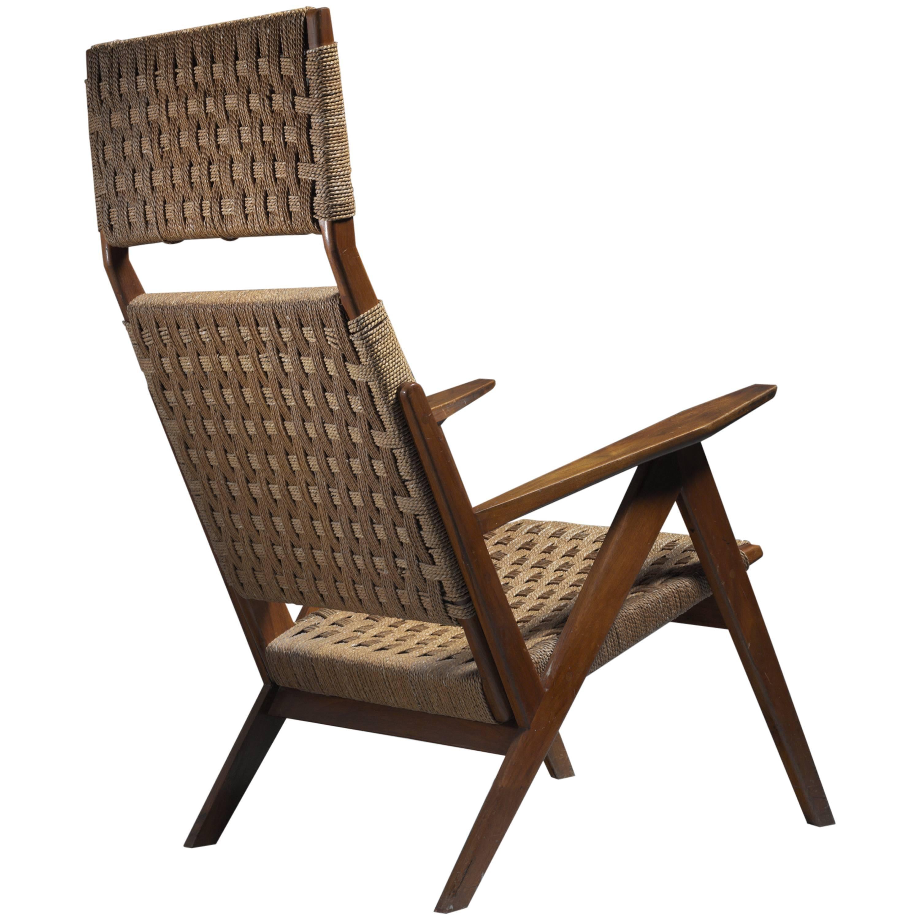 Jensen High Back Mahogany and Rope Lounge Chair, 1967s For Sale