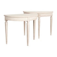 Pair, Gustavian White Painted Demi Lunes Side Tables Consoles from Sweden, circa