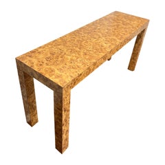 Vintage Mid-Century Parsons Style Burl Laminate Console Sofa Table