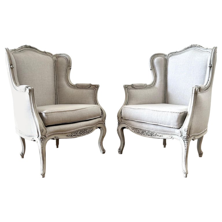 Pair of Vintage Painted and Linen Upholstered wingback Chairs For Sale