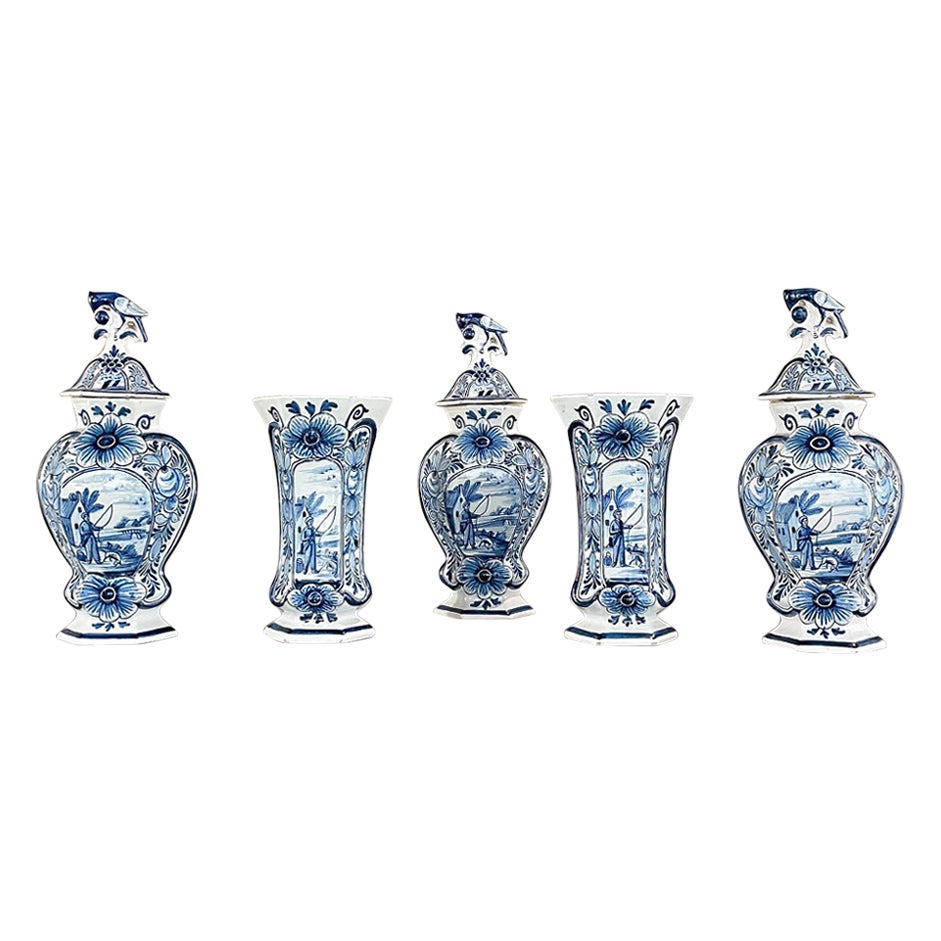 Set of Five 18th Century Hand Painted Delft Vases Including 3 Lidded Urns For Sale
