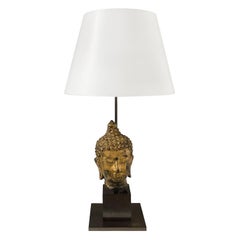 20th Century Gold Asian Metal Buddha Table Lamp, Vintage Wood Light