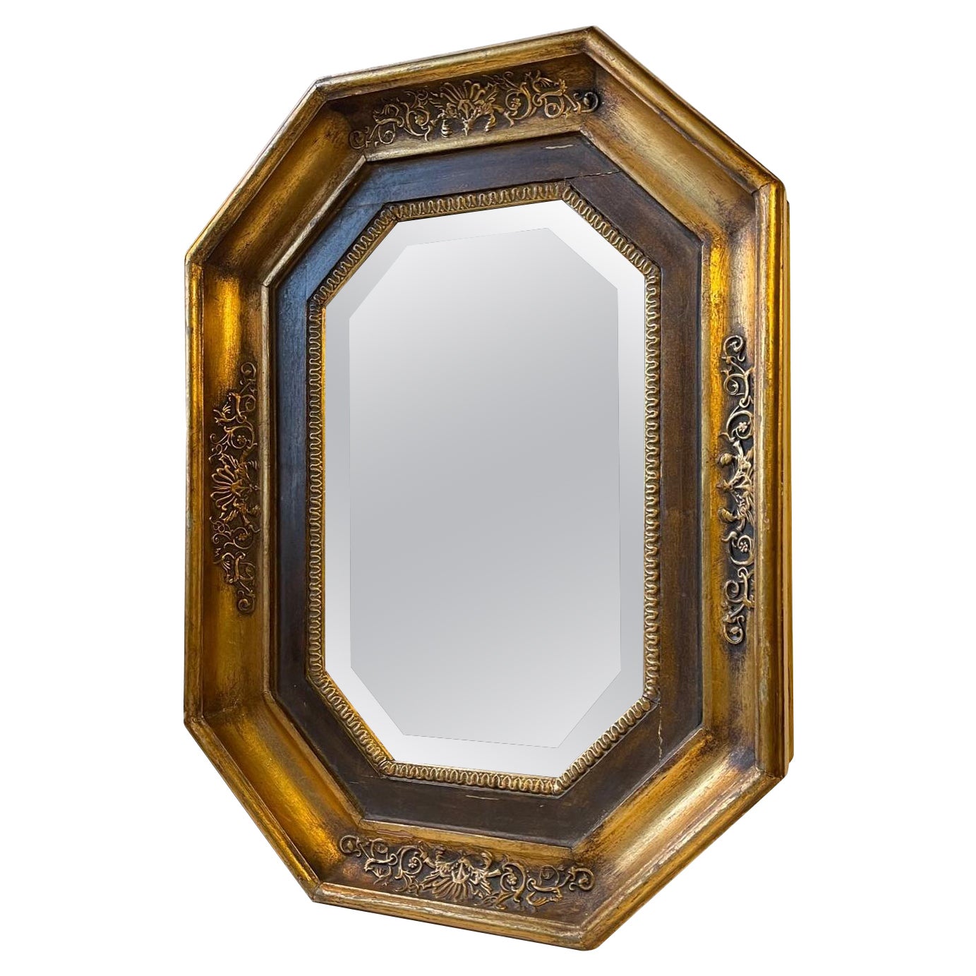 Miroir mural octogonal ancien en bois doré, 19ème siècle Scandinavie