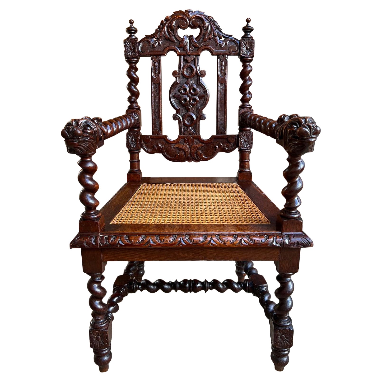 Antique English Arm Chair Carved Oak Throne Barley Twist Renaissance Cane Seat