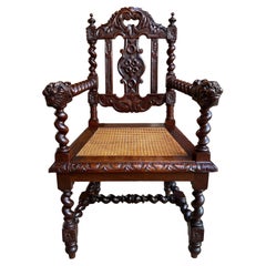 Ancienne Chaise à Accoudoirs Anglaise Sculptée en Oak Oak Trône Barley Twist Renaissance Cane Seat