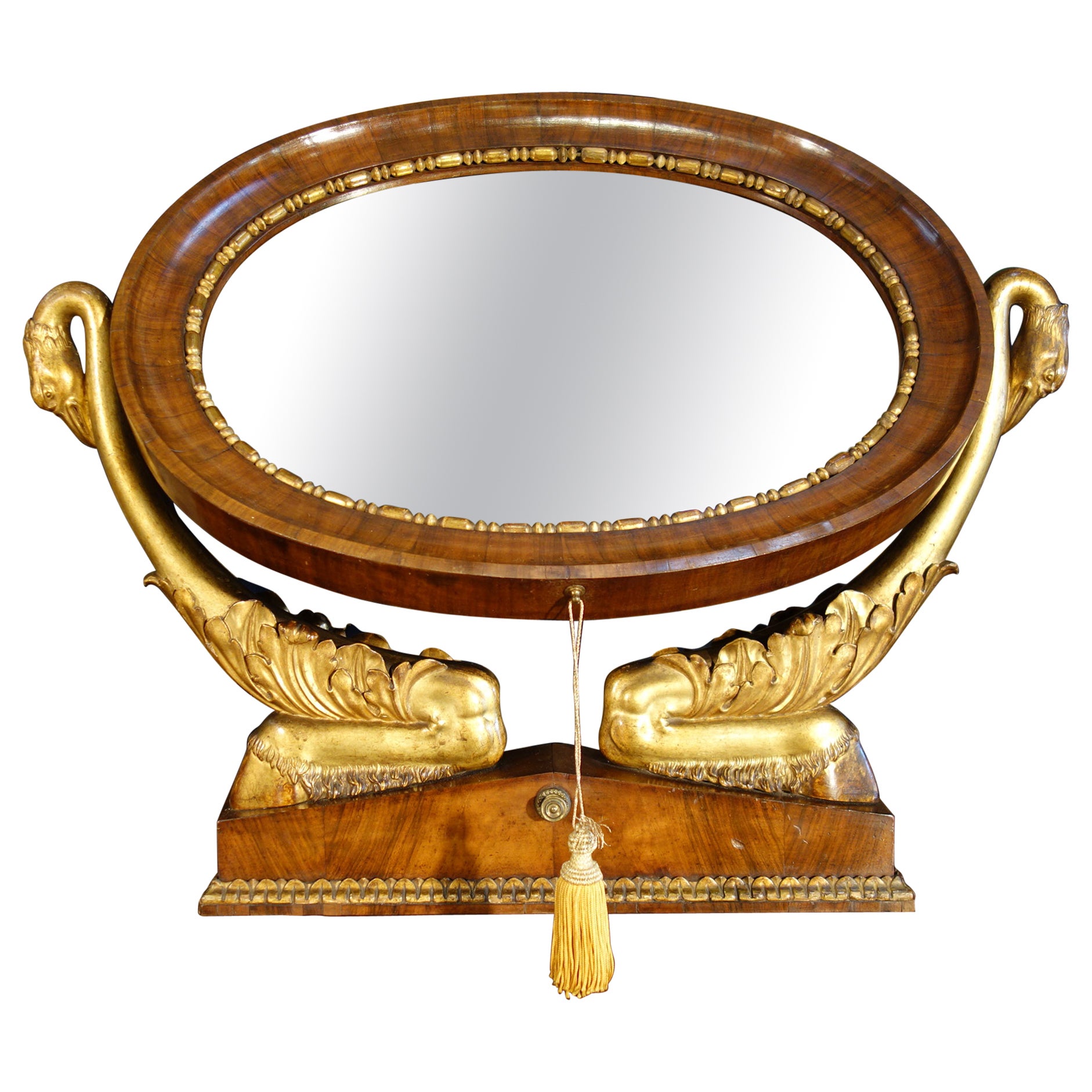 Italian Empire Walnut Psyche Table Mirror with Gold Gilt Swans and Ebony Inlay For Sale
