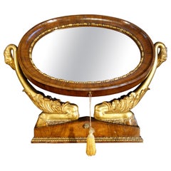 Italian Empire Walnut Psyche Table Mirror with Gold Gilt Swans and Ebony Inlay