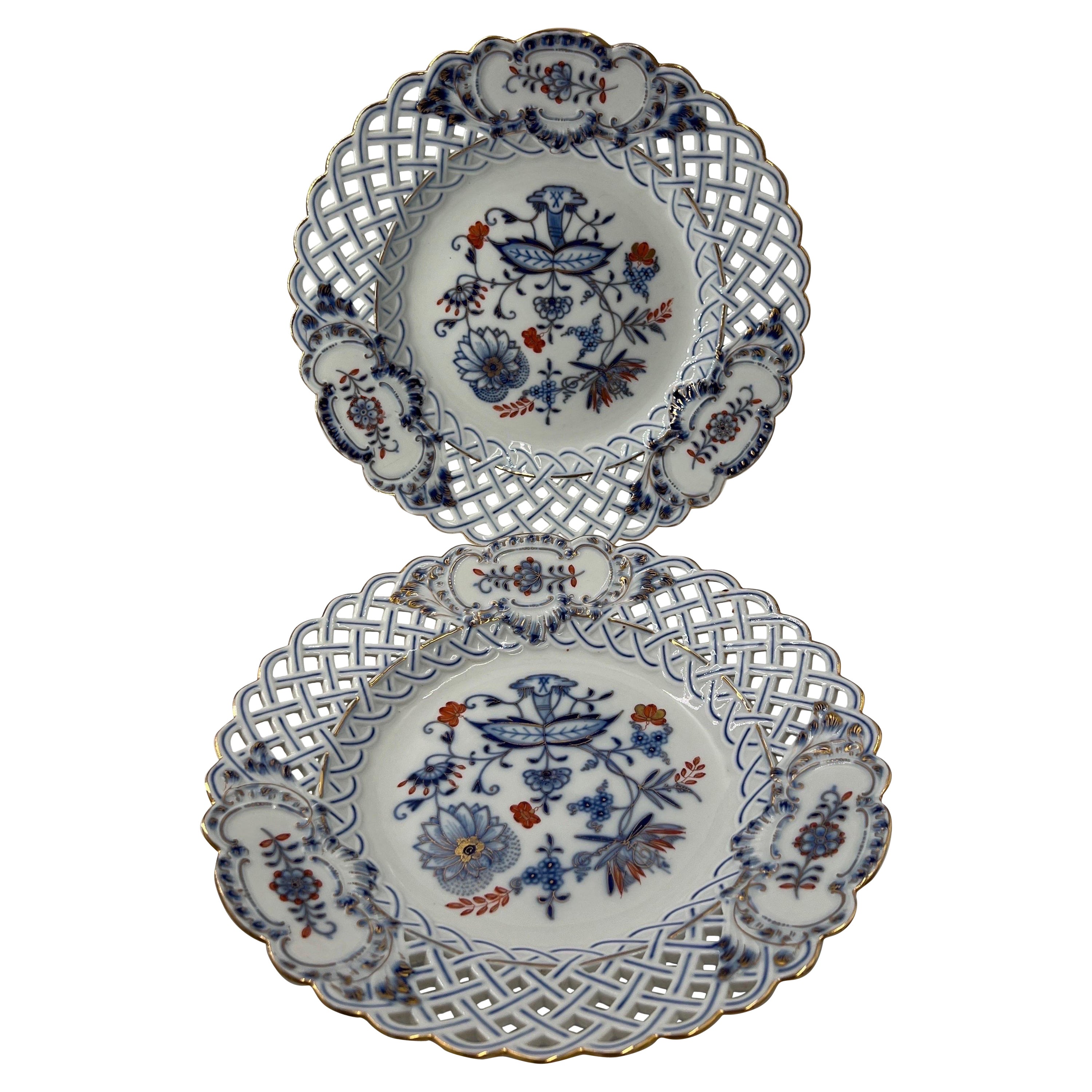 Pair, Rare Meissen Blue Onion Rich Reticulated Plates Crossed Swords