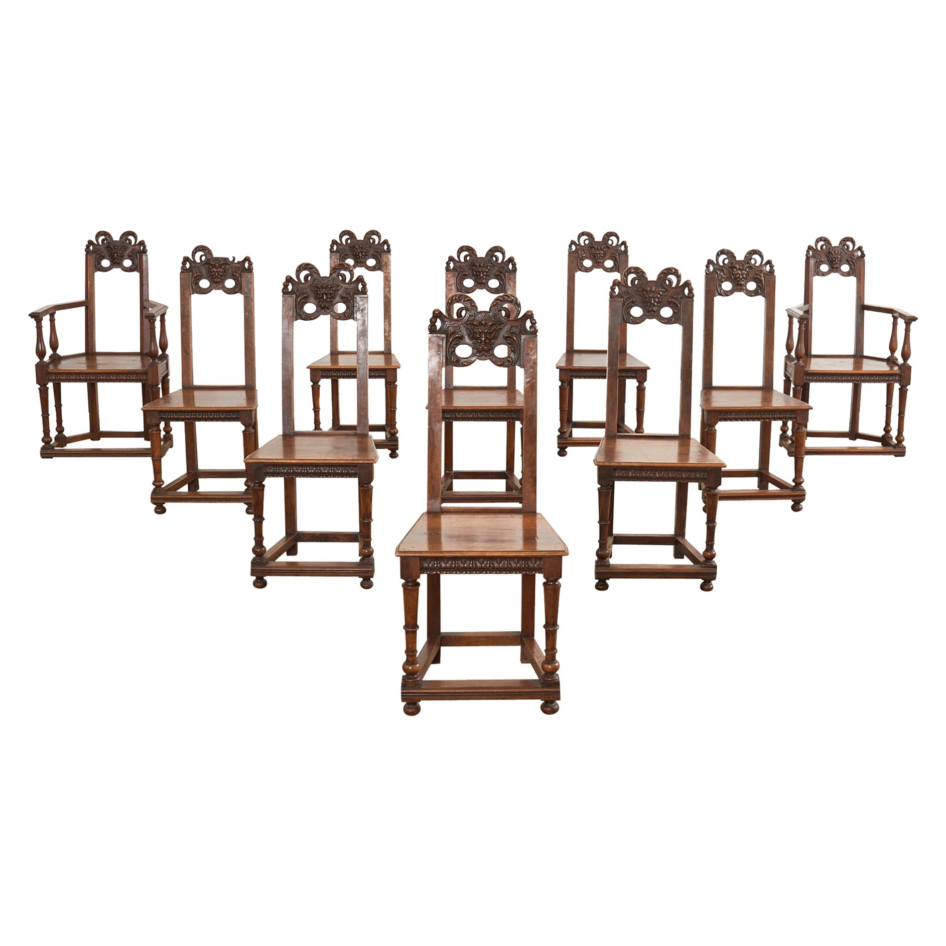 Set of Ten French Baroque Style Walnut Masked Dining Chairs For Sale