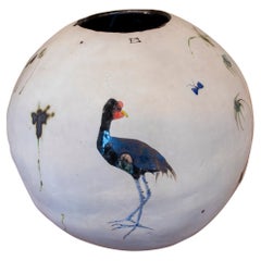 Round-Shaped Vase in Hand Painted Ceramic with Insects