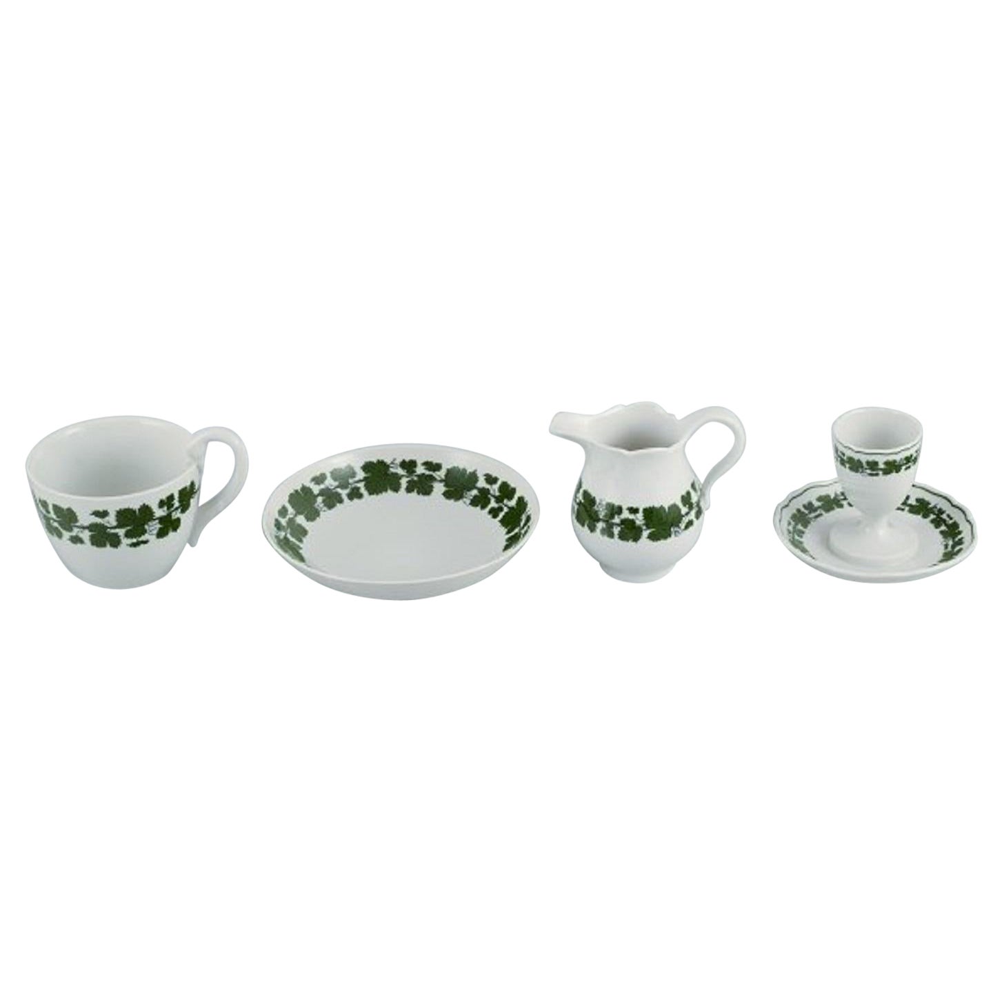 Meissen. Green Ivy Vine, Four Parts, Egg Cup, Cup, Saucer and Cream Jug