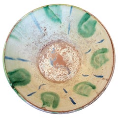 19th Century Spanish Ceramic Basin hand painted and Glazed in Green Tones