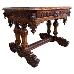 19th century French Dolphin Table Writing Desk Carved Oak Renaissance Gothic
