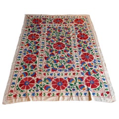 Retro 1970s Uzbekistan Suzani Carpet in Typical Colours