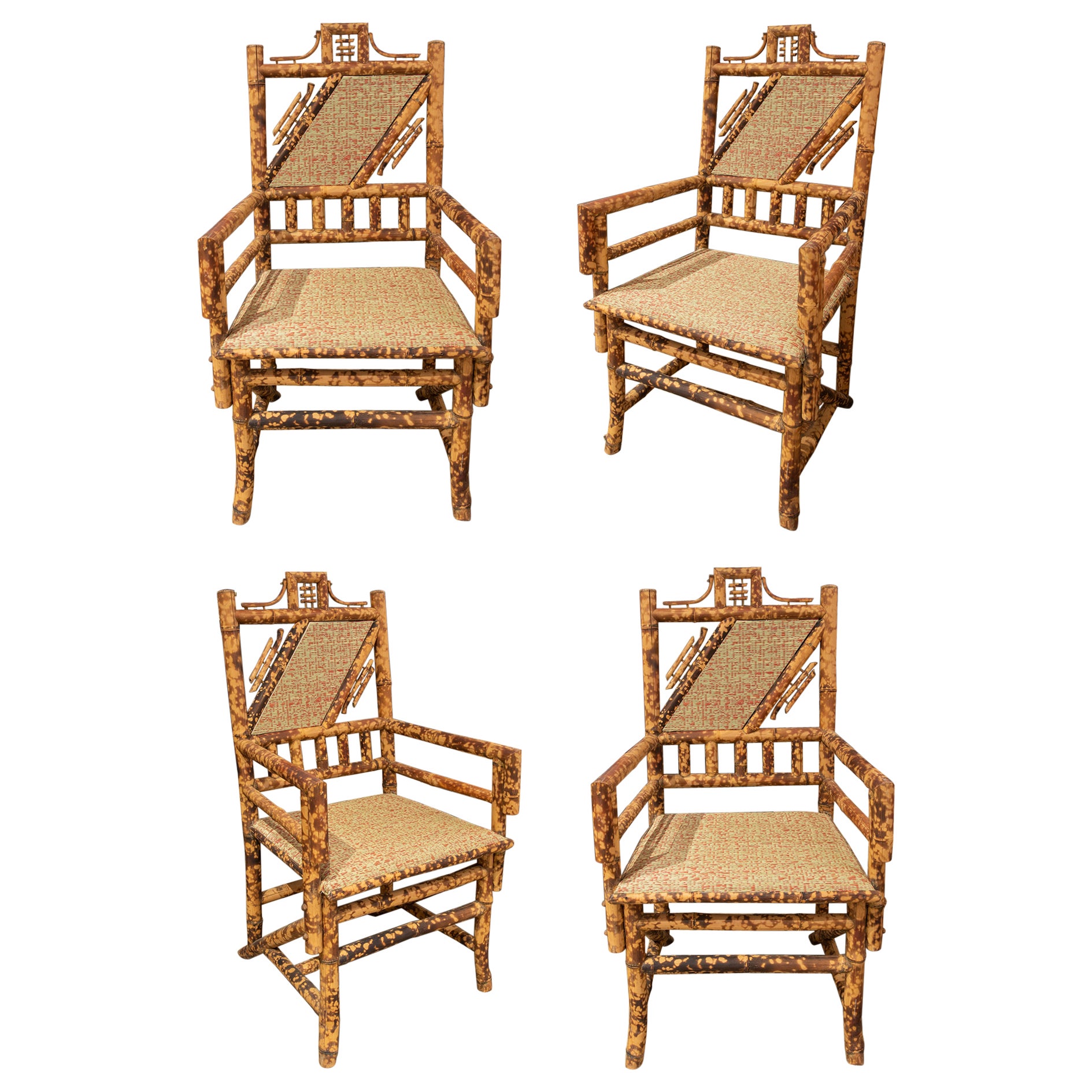 1950s Set of Four Bamboo Armchairs with Natural Raffia Seat and Backrest For Sale