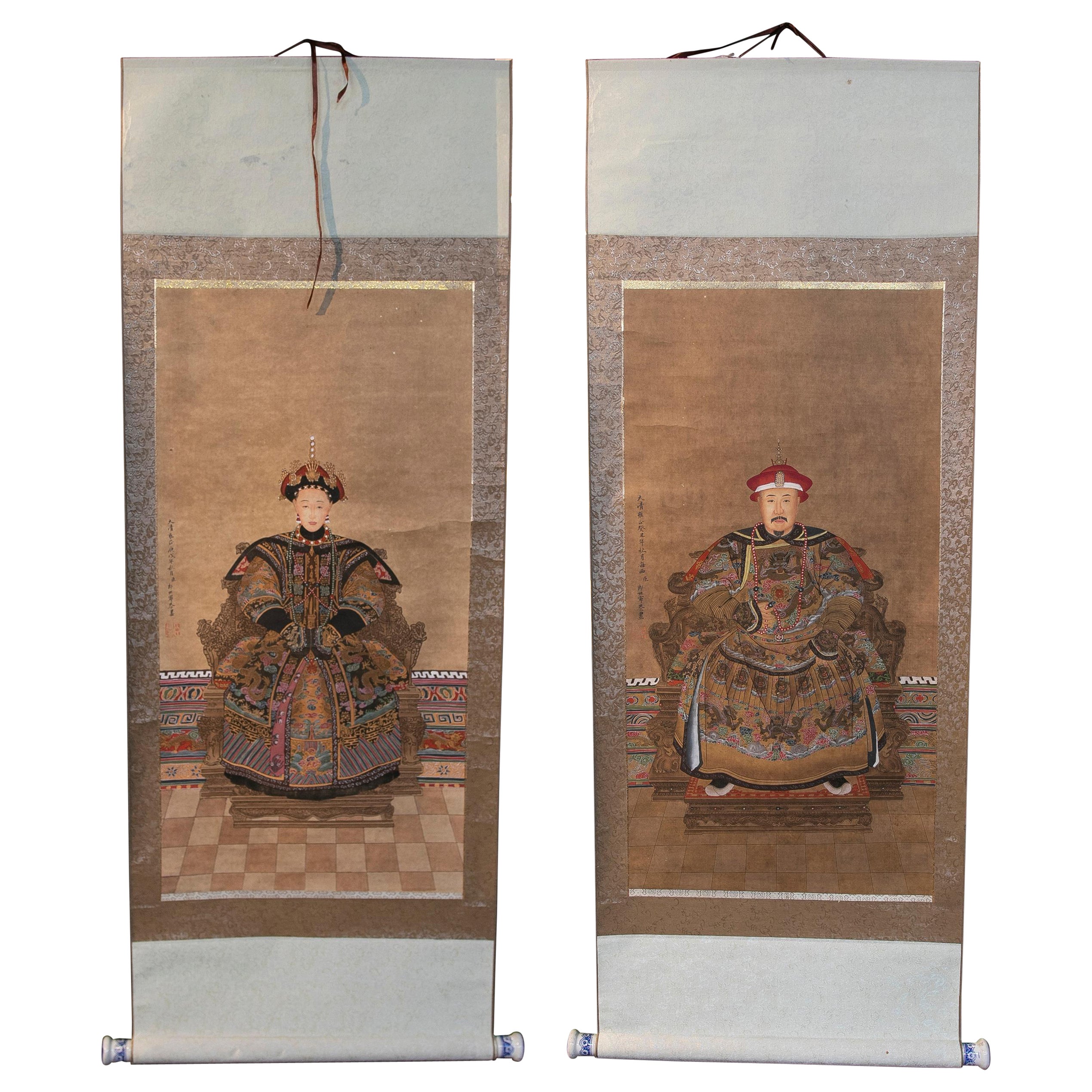 Chinese Pair of Hand Painted Posters of King and Queen Sitting on Throne For Sale