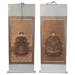 Chinese Pair of Hand Painted Posters of King and Queen Sitting on Throne