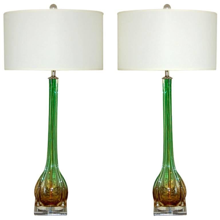 Matched Pair of Finned Murano Lamps in Green and Gold For Sale