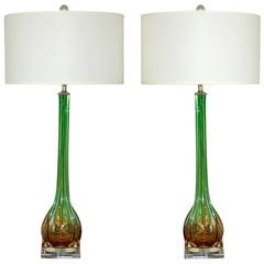 Matched Pair of Finned Murano Lamps in Green and Gold