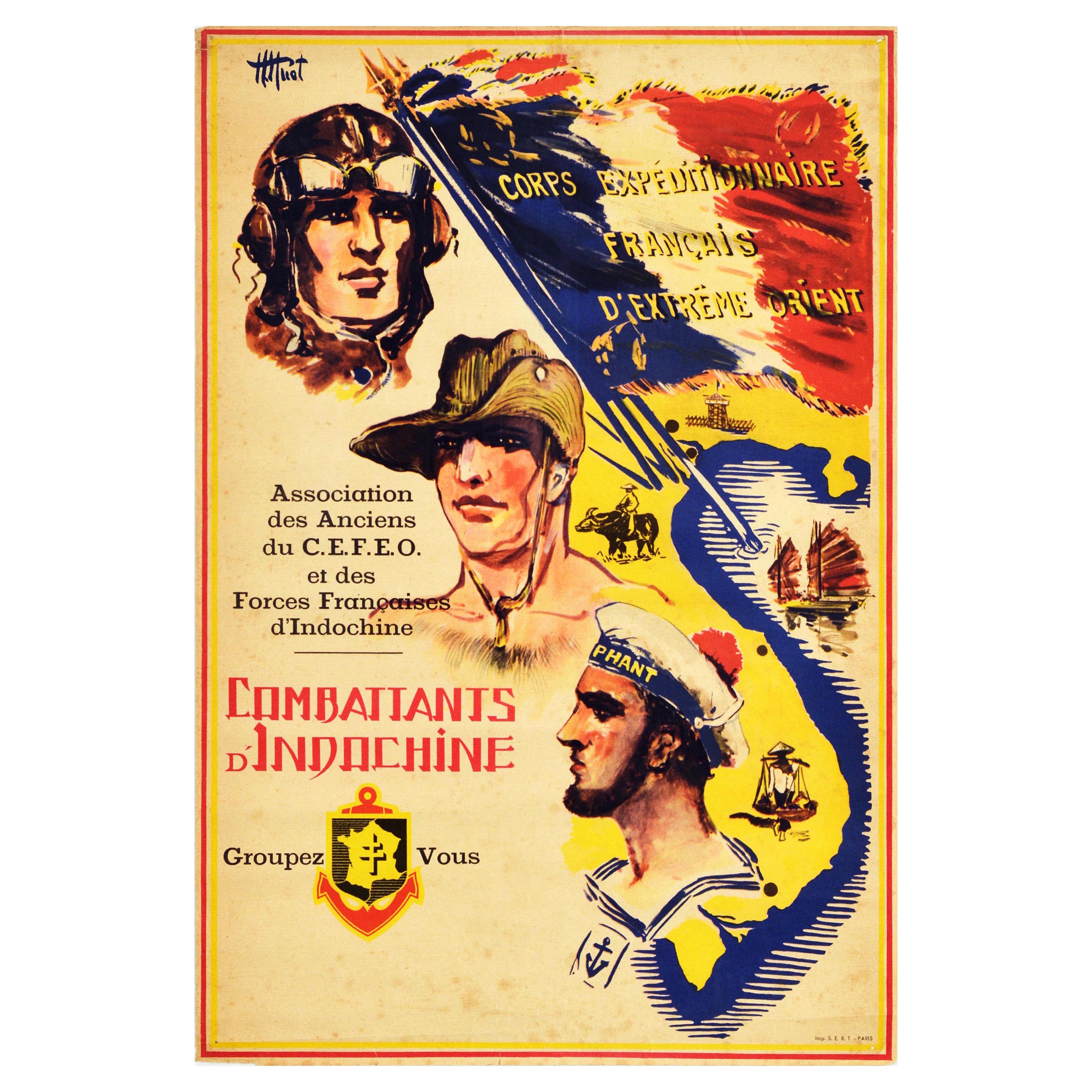 Affiche de propagande vintage d'origine, Combattants Indochine, Corps français, Indochina en vente