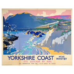 Affiche rétro originale de voyage, Yorkshire Coast Near Whitby, LNER, Voile à vapeur