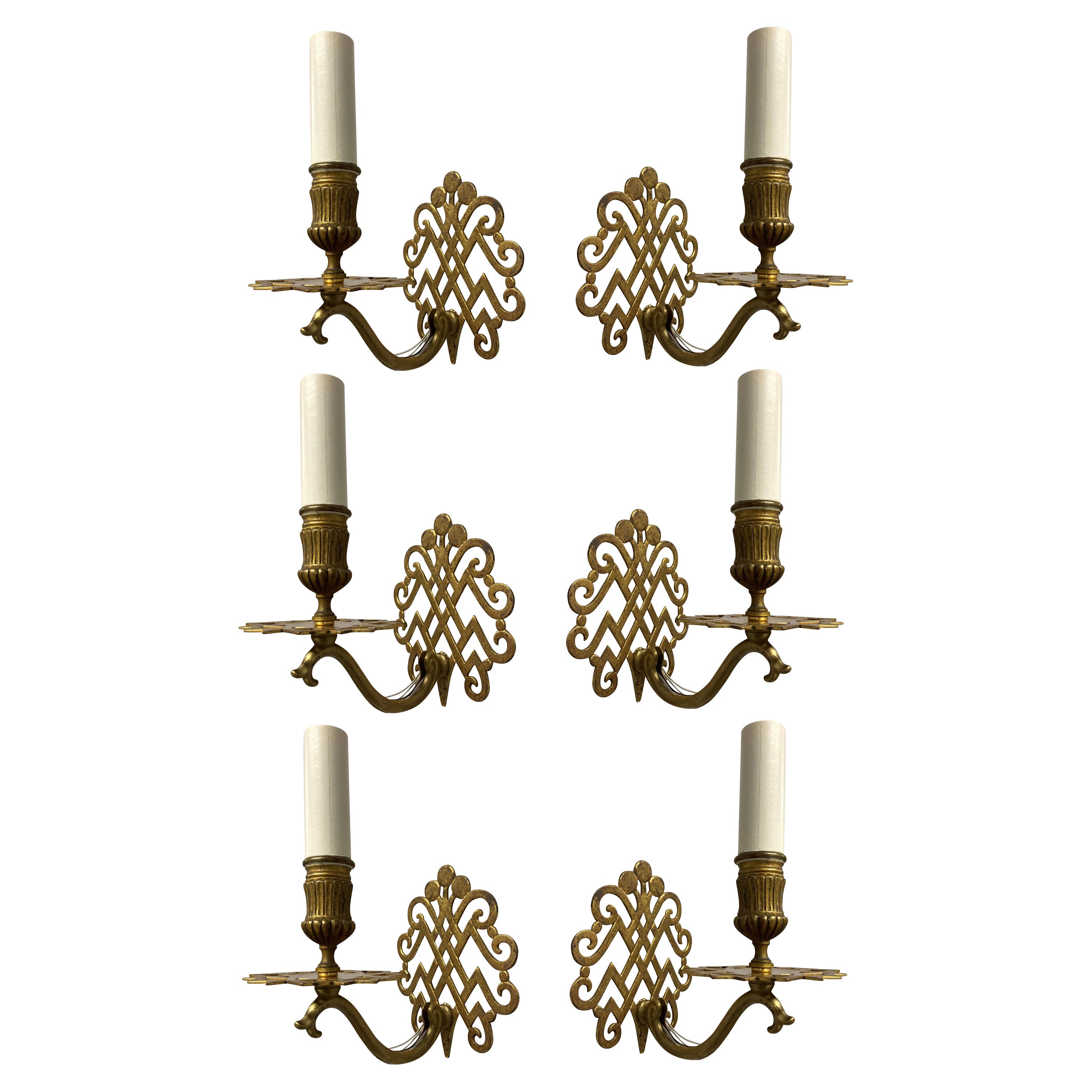 Set of Six Unusual Brass Single Arm Sconces For Sale